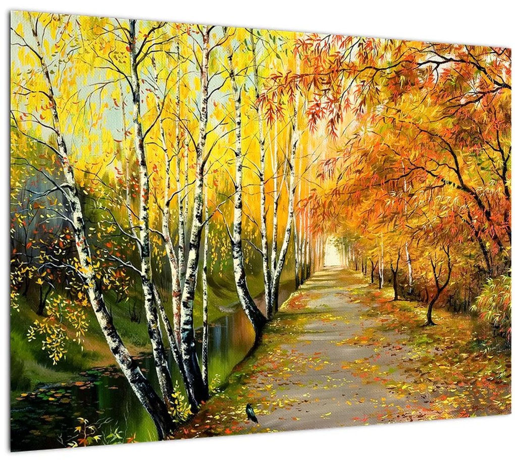 Tablou pe sticlă - Alee romantică de-a lungul apei, pictură în ulei (70x50 cm)
