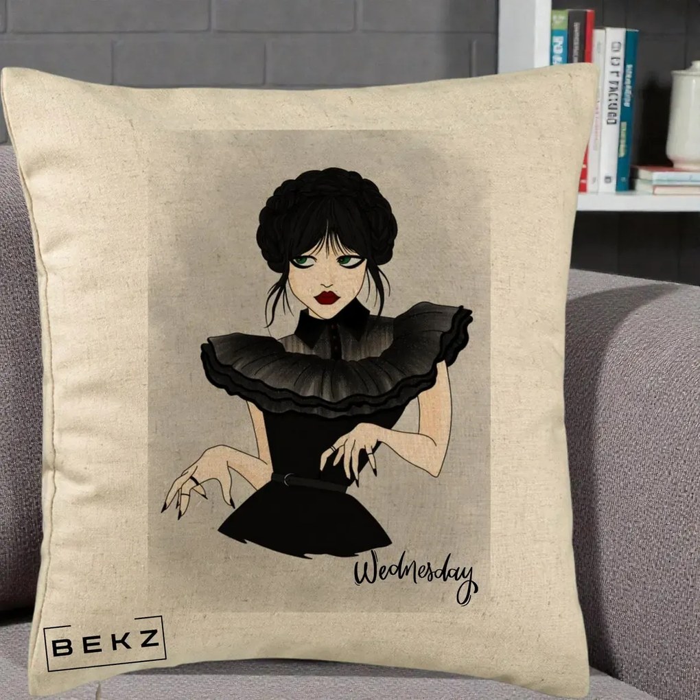 Perna Personalizata Wednesday Addams Portret Gotic, 40x40 cm, Bej, Husa Detasabila, Perna Inclusa, BEKZ®