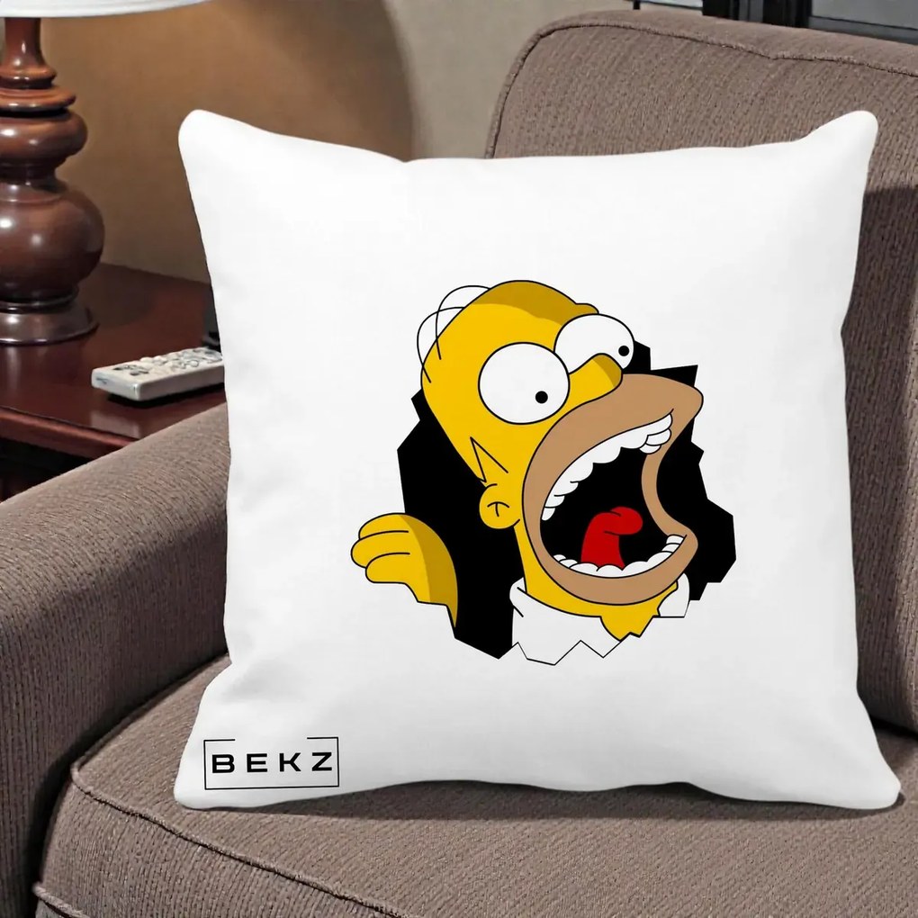 Perna Personalizata Homer Simpson Surpriza, 40x40 cm, Alba Mata, Husa Detasabila, Perna Inclusa, BEKZ®