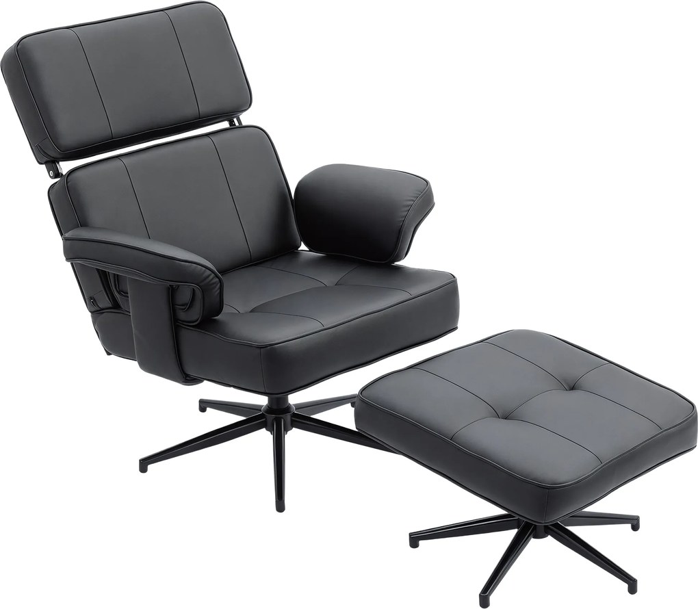 HOMCOM Fotoliu recliner reglabil cu otoman, tapițerie din piele ecologică, tetieră reglabilă pe înălțime, bază metalică, Negru | Aosom Romania
