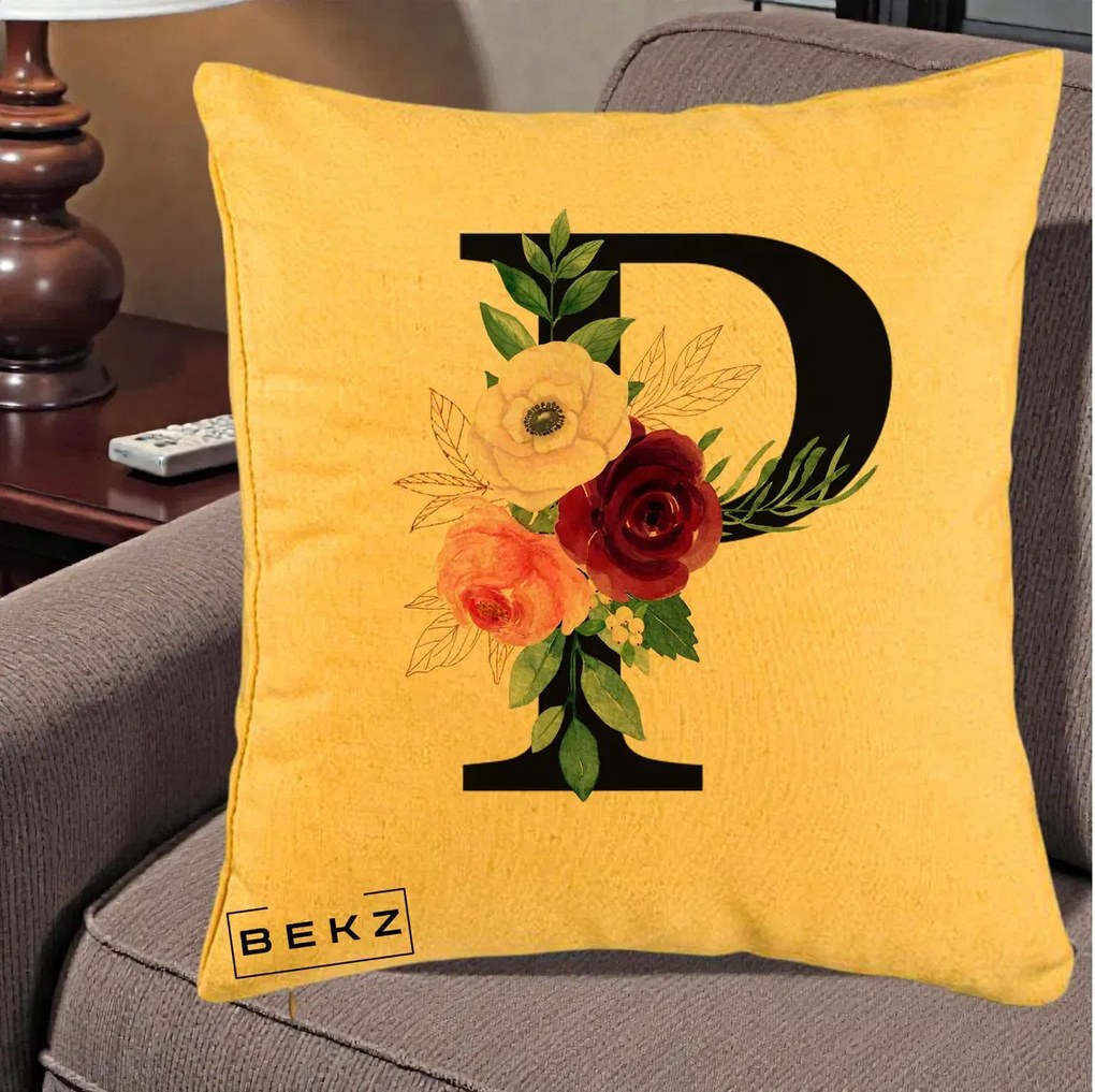 Cadou Personalizat - Perna Personalizata Monograma Florala Litera P, 40x40 cm, Galben, Husa Detasabila, Perna Inclusa, BEKZ®