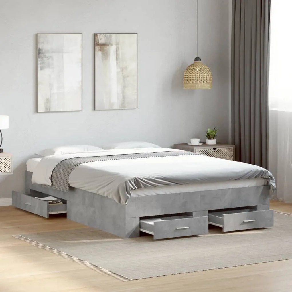vidaXL Cadru de pat cu sertare, gri beton, 140x190 cm, lemn prelucrat