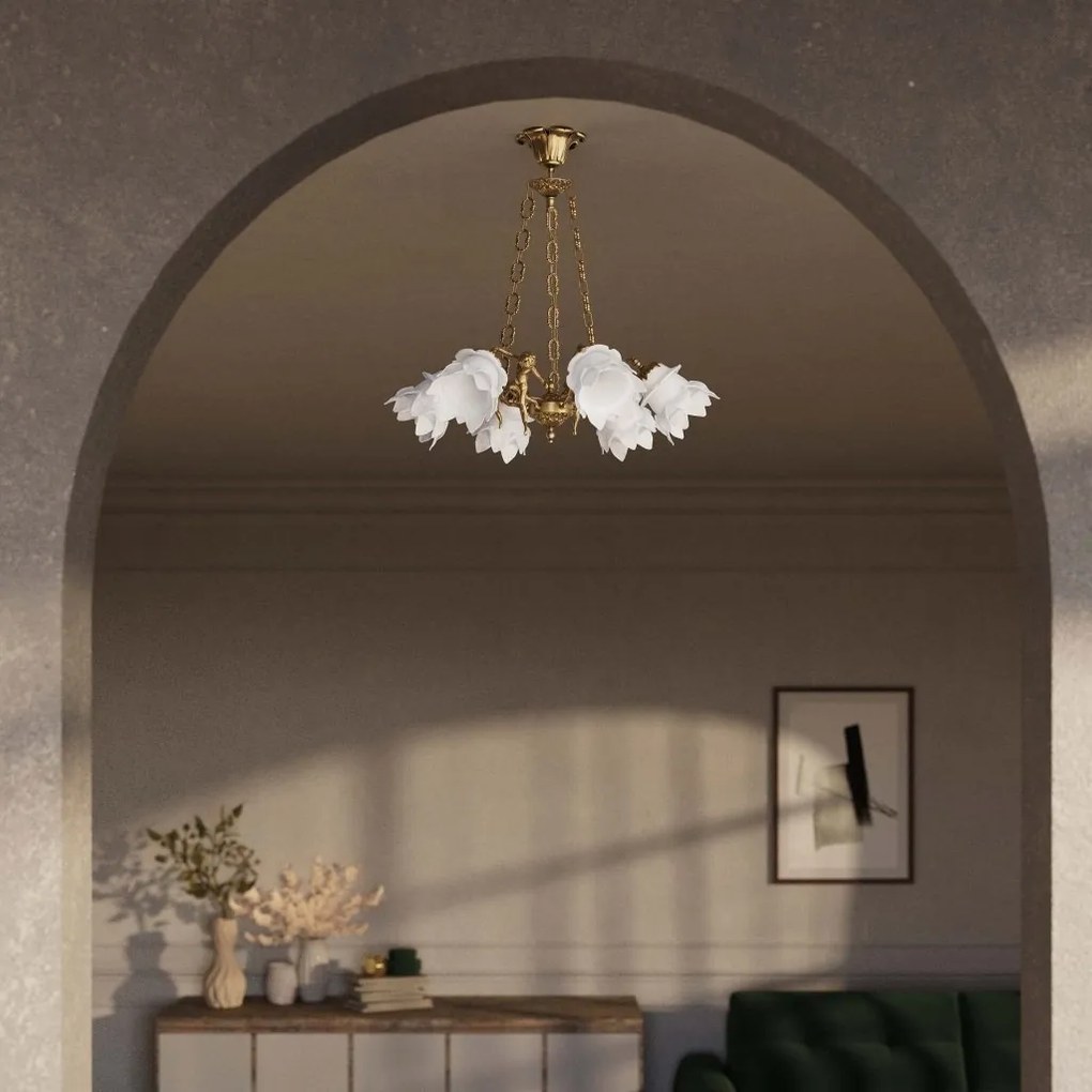 Candelabru 6 brate din alama cu abajur din sticla Putti