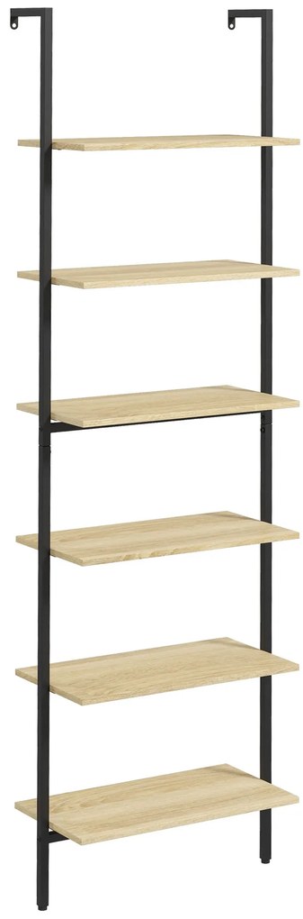 HOMCOM Raft tip scară montabil pe perete, 6 rafturi, stil industrial, oțel negru și lemn natural, 60x30x206 cm | Aosom Romania