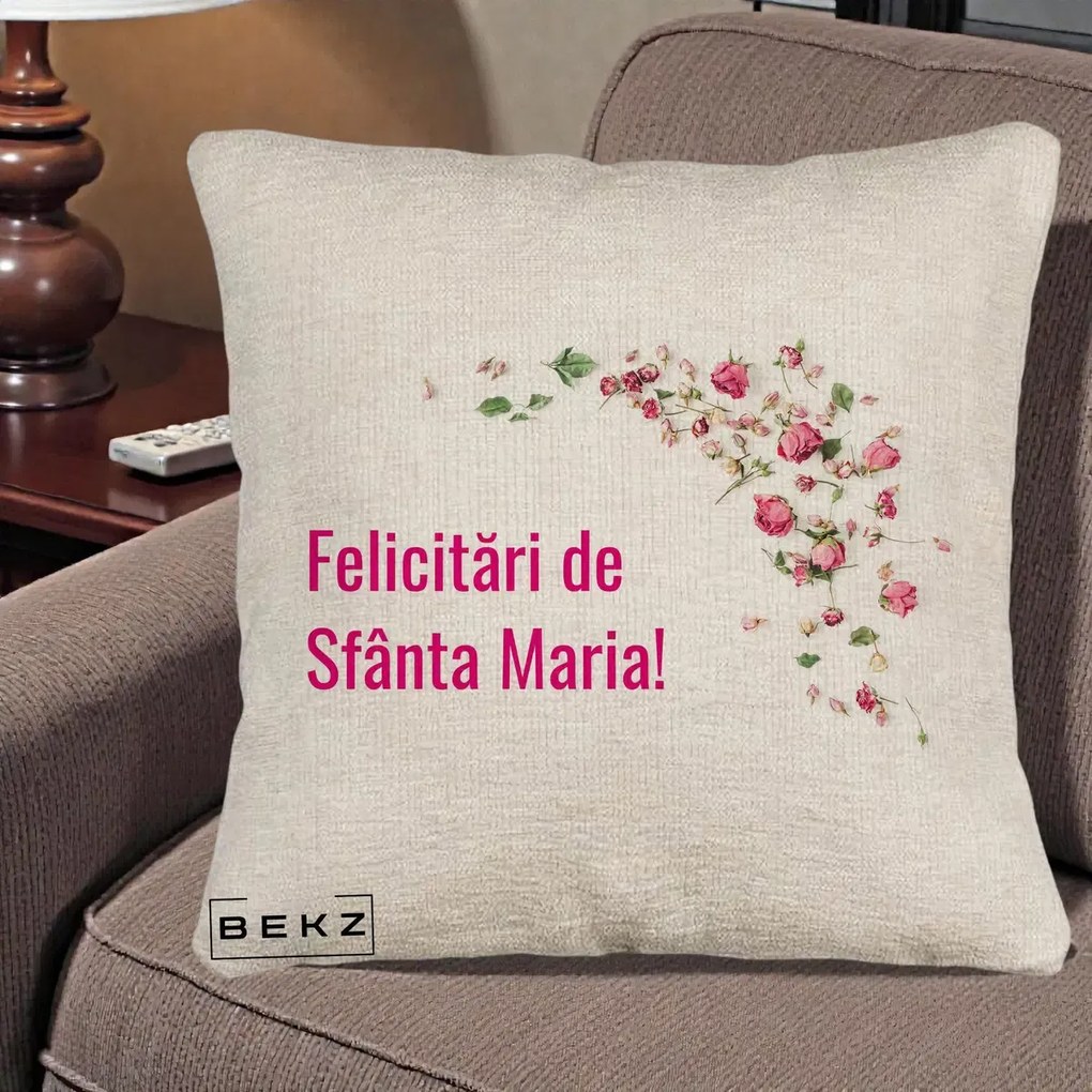 Cadou de Onomastica - Perna Personalizata Felicitari de Sfanta Maria, 40x40 cm, Bej Canapea, Husa Detasabila, Perna Inclusa, BEKZ®
