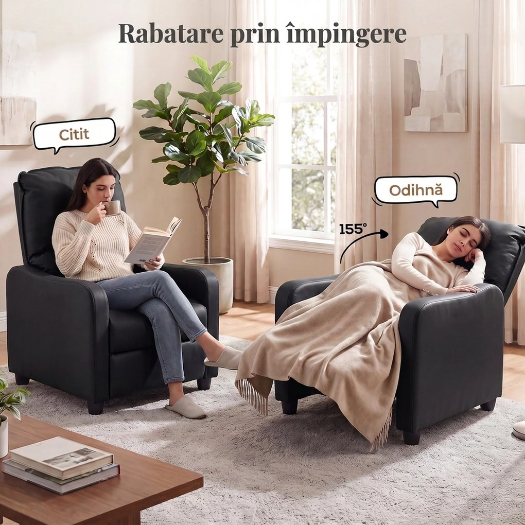 HOMCOM Fotoliu Relax Reclinabil Manual 155° cu Suport pentru Picioare, din Piele Ecologică PU, pentru Living și Dormitor, 69x91x100 cm, Negru | Aosom Romania