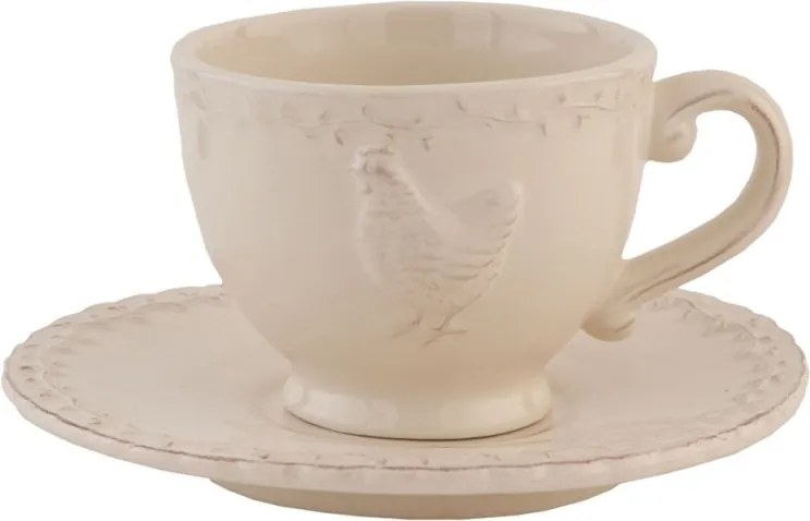 Ceașcă cu farfurioară din ceramică, bej, model găină, 200 ml