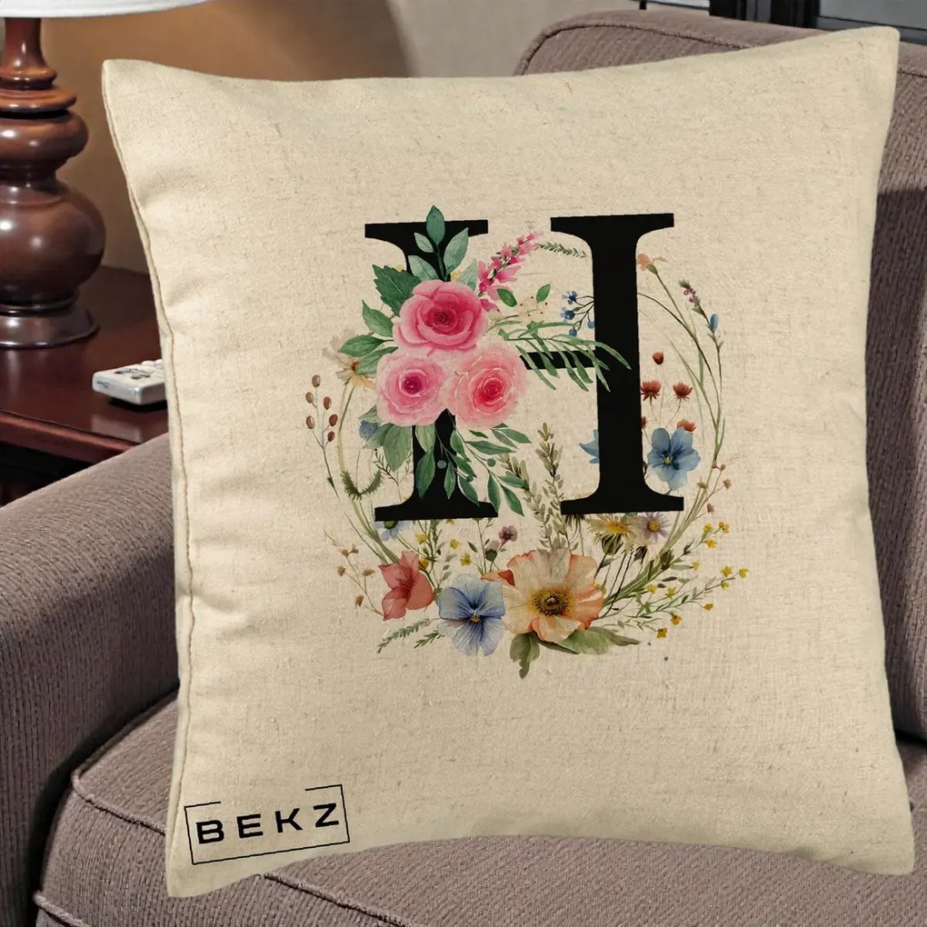 Cadou Personalizat - Perna Personalizata Monogram Litera H cu Flori Acuarela, 40x40 cm, Bej, Husa Detasabila, Perna Inclusa, BEKZ®