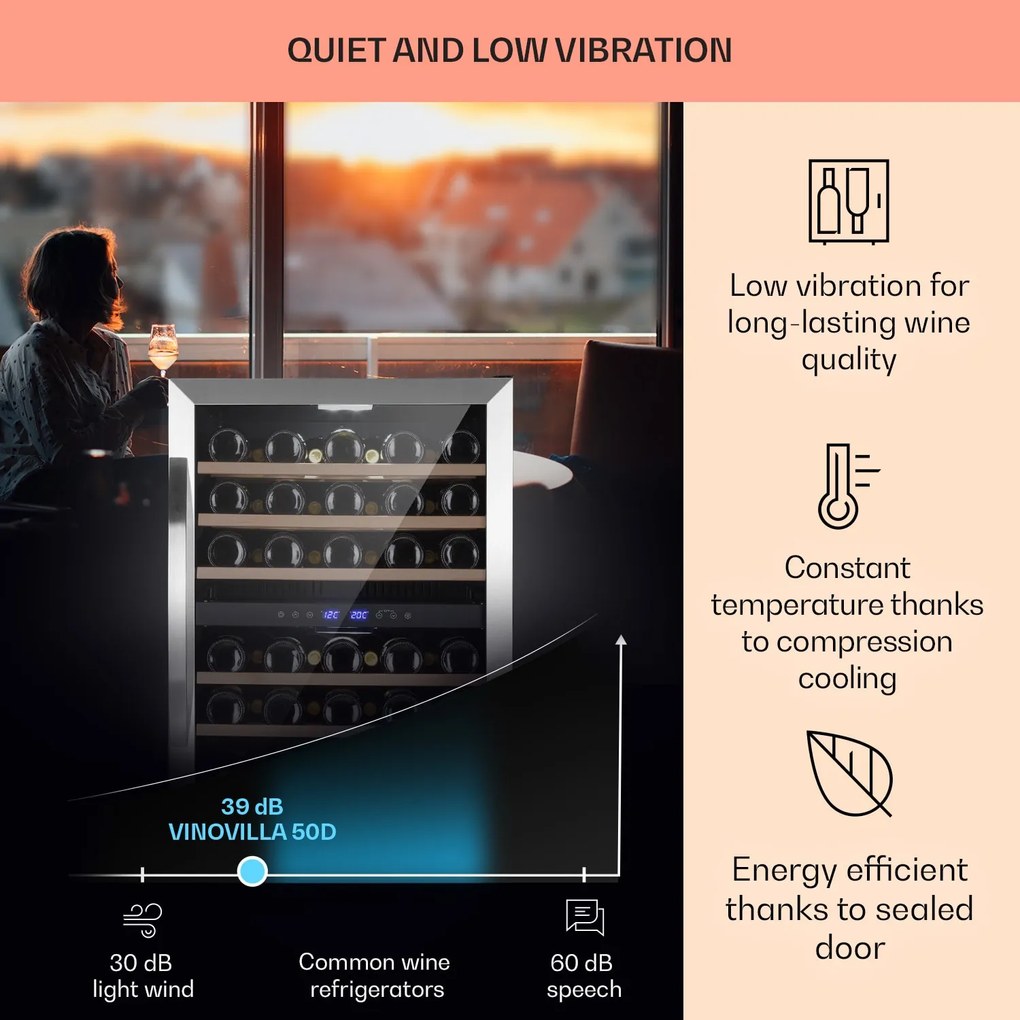 Klarstein Vinovilla 50 Duo, Frigider pentru vinuri cu două zone, 53l, 17 fl., ușă din sticlă în 3 culori