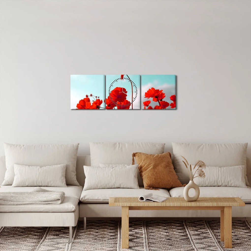 Tablou - Câmp cu flori roșu deschis (cu ceas) (90x30 cm)