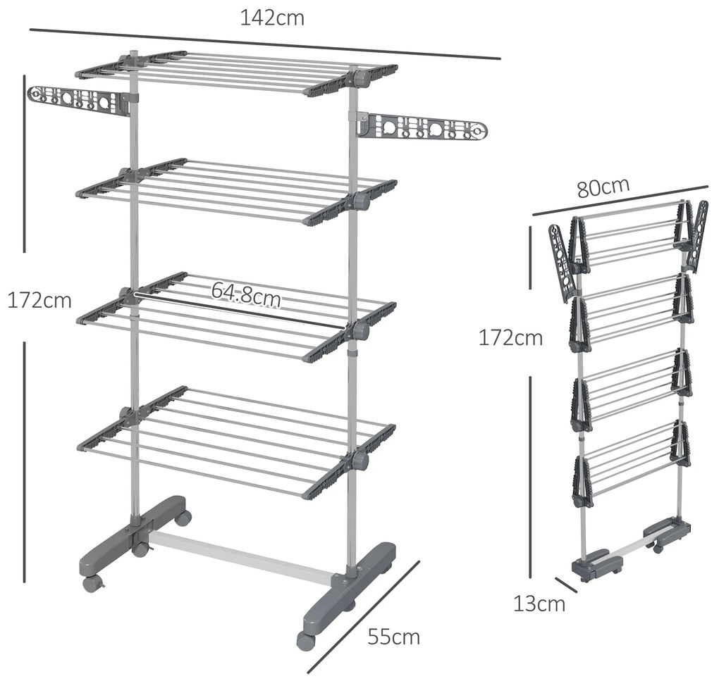 HOMCOM Uscător de Rufe Pliabil, Uscător Vertical cu 6 Roți, Cârlige și 4 Rafturi Reglabile, 142x55x172 cm, Argintiu | Aosom Romania