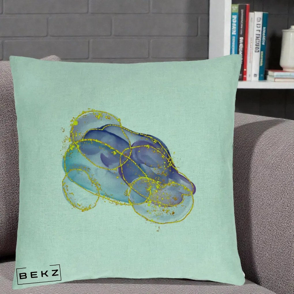 Perna Decorativa Abstract Acuarela Albastru-Mov cu Cercuri Aurii, 40x40 cm, Verde Menta, Husa Detasabila, Perna Inclusa, BEKZ®