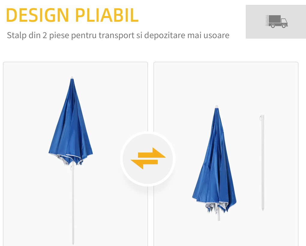 Outsunny Umbrelă de Plajă cu Perdea Laterală, Săculeți pentru Nisip și Țăruși, Ø220x220 cm, Albastru | Aosom Romania