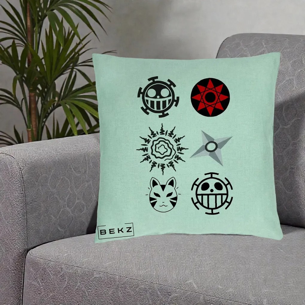 Perna Personalizata Simboluri Anime Mix - Naruto One Piece, 40x40 cm, Verde Menta, Husa Detasabila, Perna Inclusa, BEKZ®