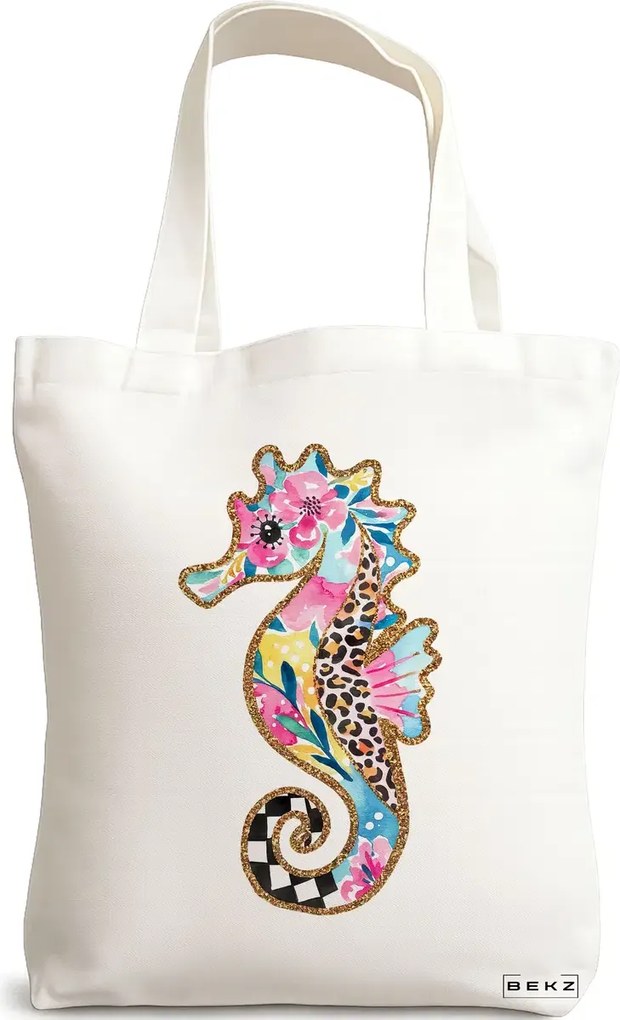Sacosa de Panza pentru Cumparaturi, Geanta Tote, model Floral Seahorse, 38 x 34.5 cm, Alba, BEKZ®