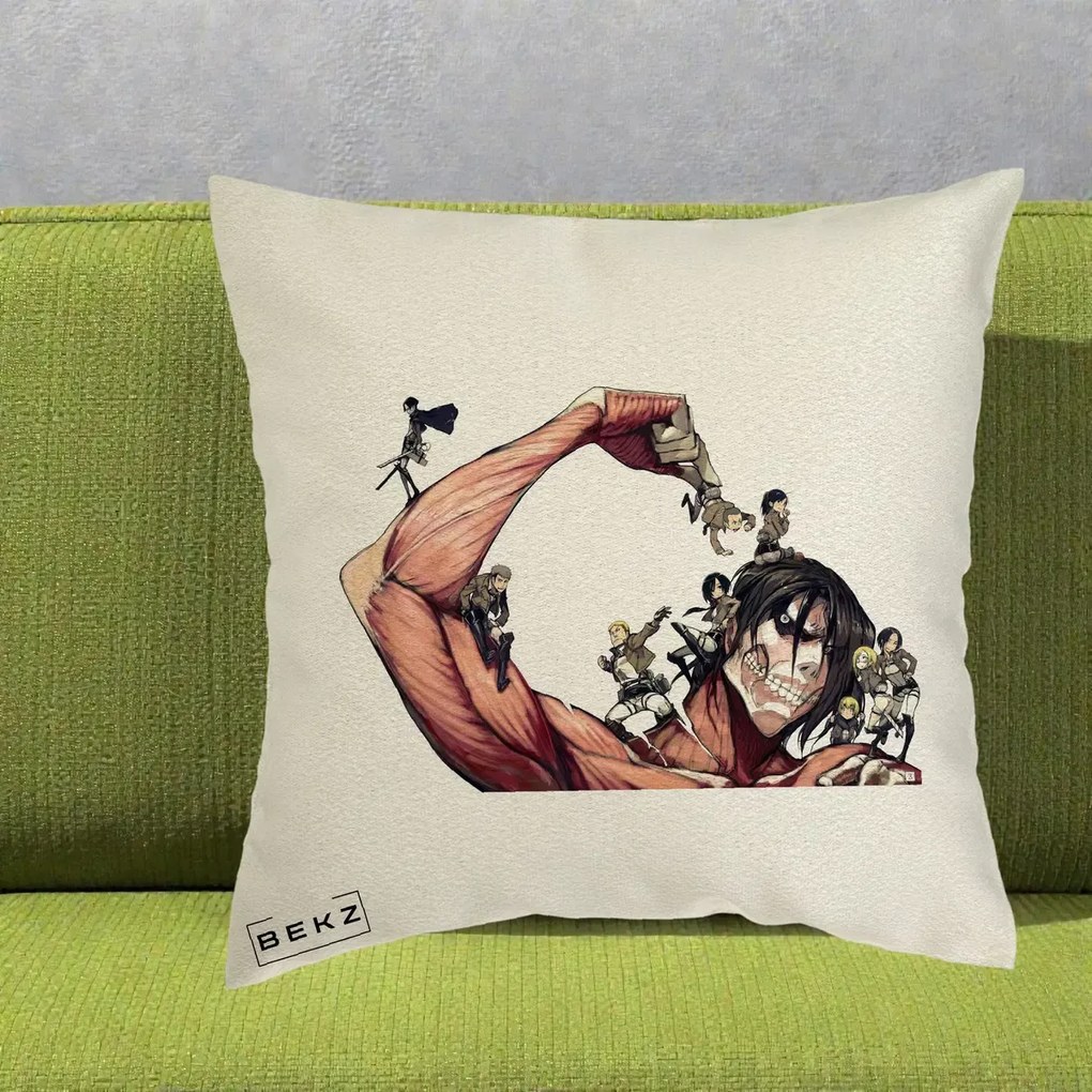 Perna Personalizata Attack on Titan Eren Titan Grup, 40x40 cm, Ecru, Husa Detasabila, Perna Inclusa, BEKZ®