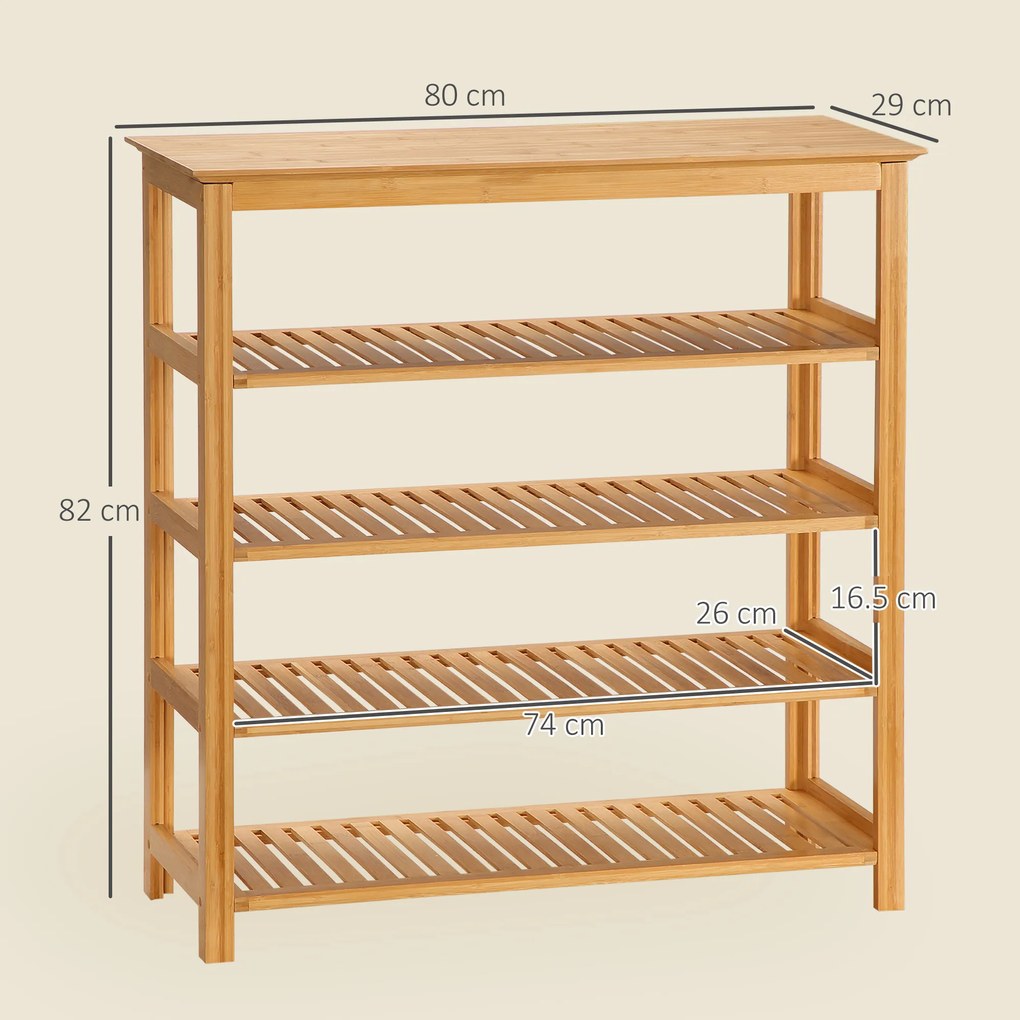 HOMCOM Raft pentru pantofi pe 5 niveluri, suport pentru pantofi din bambus cu 4 polițe cu lamele, 80x29x82cm, efect lemn natural | Aosom Romania