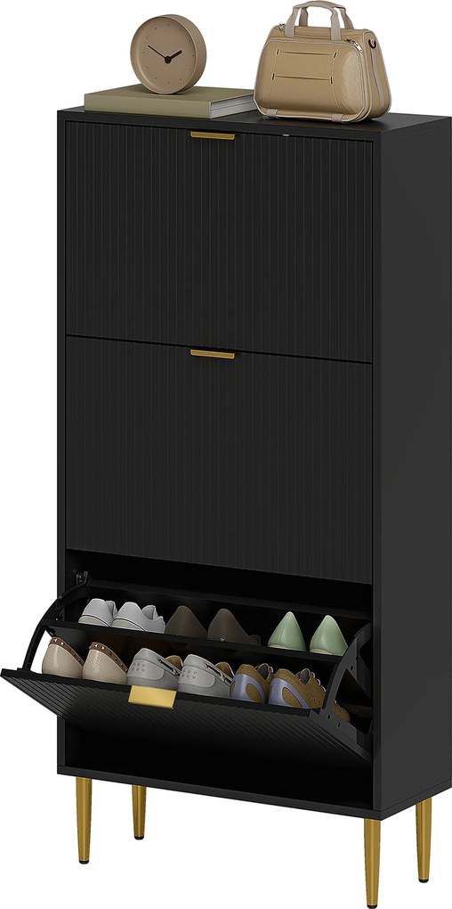 HOMCOM Mobilier pentru pantofi 18 perechi cu 3 sertare rabatabile, uși canelate și rafturi reglabile, 60x24x122,5cm, negru | Aosom Romania