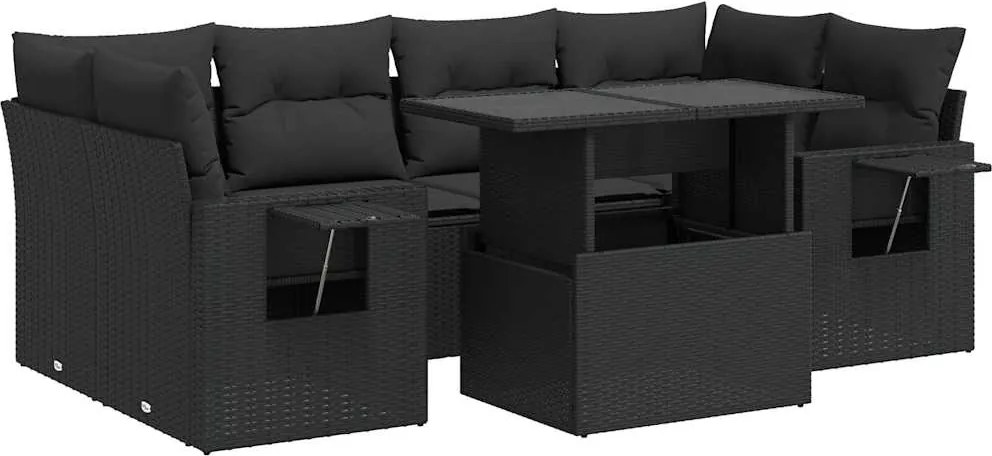 vidaXL Set canapele de grădină cu perne, 7 piese, negru, poliratan