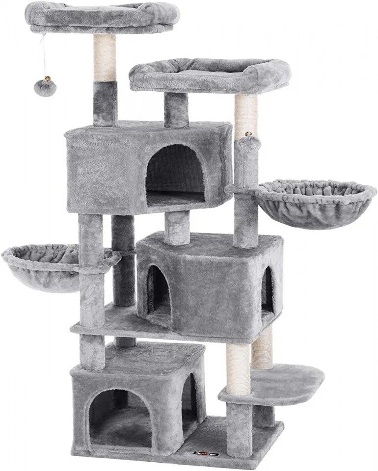 Ansamblu pentru pisici cu 3 casute, plush / sisal, gri, Feandrea