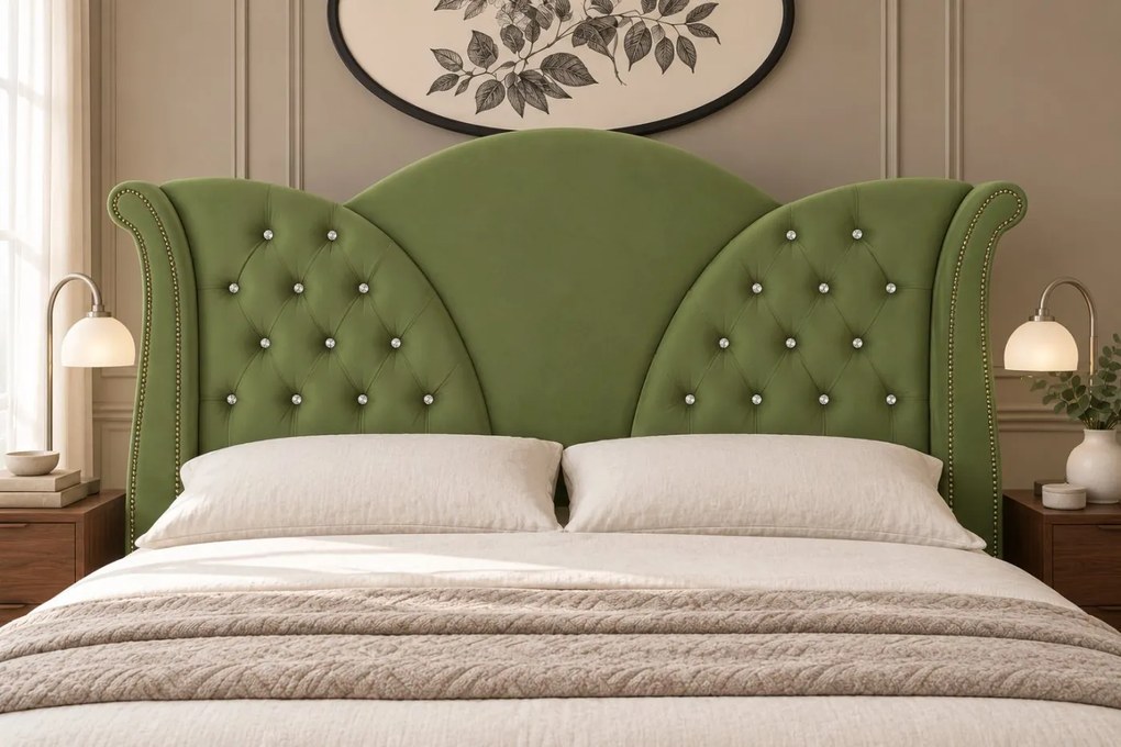 Pat tapițat Chesterfield din catifea Velora Deluxe 160×200 cm, kaki, cu ladă de depozitare