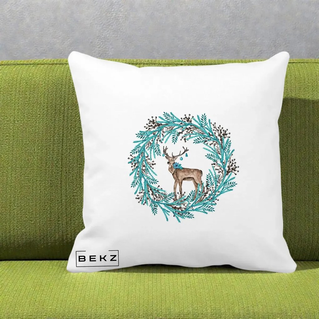 Perna Decorativa Coroana Turcoaz cu Ren, 40x40 cm, Alba Mata, Husa Detasabila, Perna Inclusa, BEKZ®