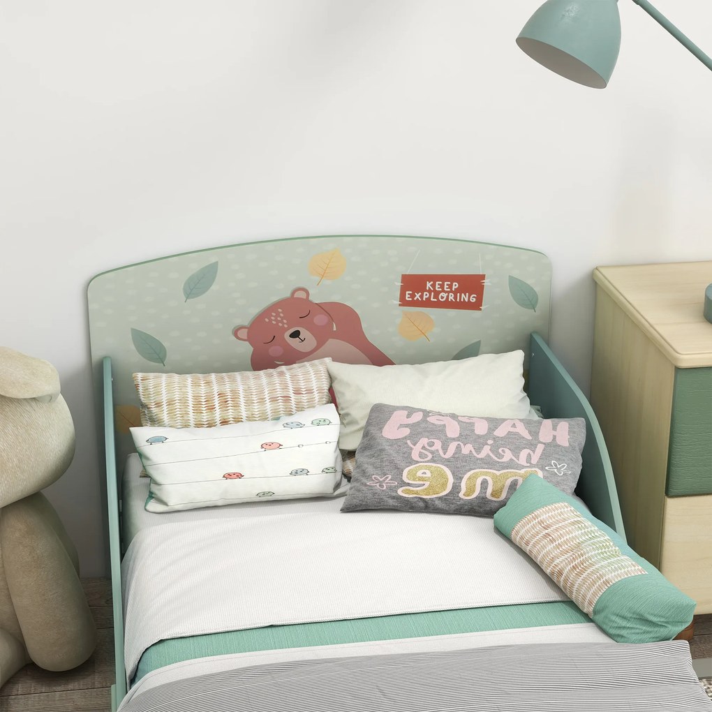 ZONEKIZ Pat pentru Copii 3-6 Ani cu Margini Înălțate și Design cu Animale, 77x143x60 cm, Verde | Aosom Romania