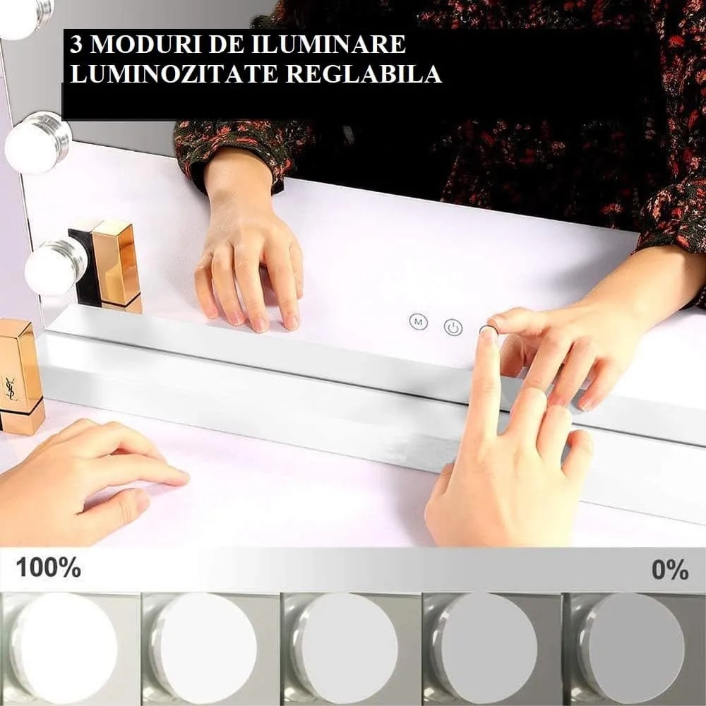 Oglindă cosmetică, sistem iluminare LED cu 3 culori, Senzor Tactil, Luminozitate Reglabilă, Alb, GLAM 14
