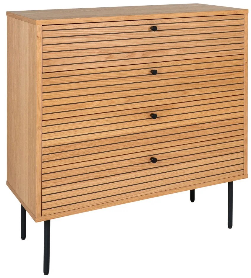 Comodă Kyoto, 4 sertare, furnir de stejar, natural, picioare din metal negru 80x40x85 cm