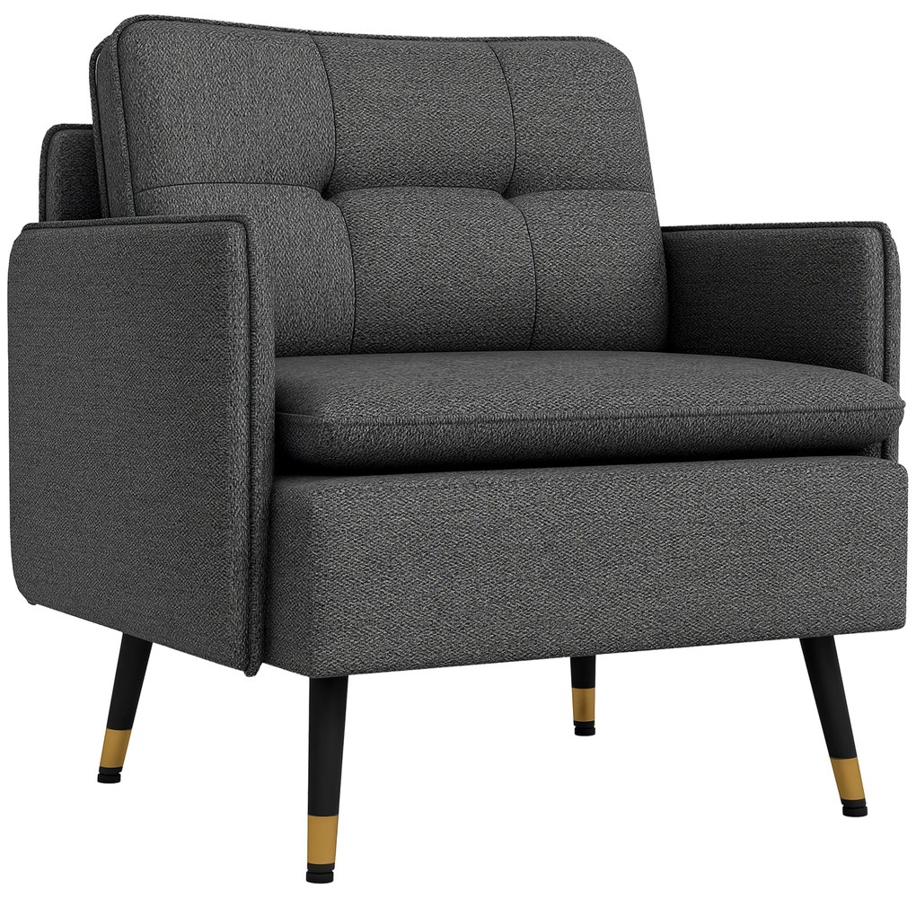 HOMCOM Fotoliu scandinav cu spătar capitonat cu trecere în material 76 x 68 x 80 cm gri și picioare din metal negru și auriu | Aosom Romania