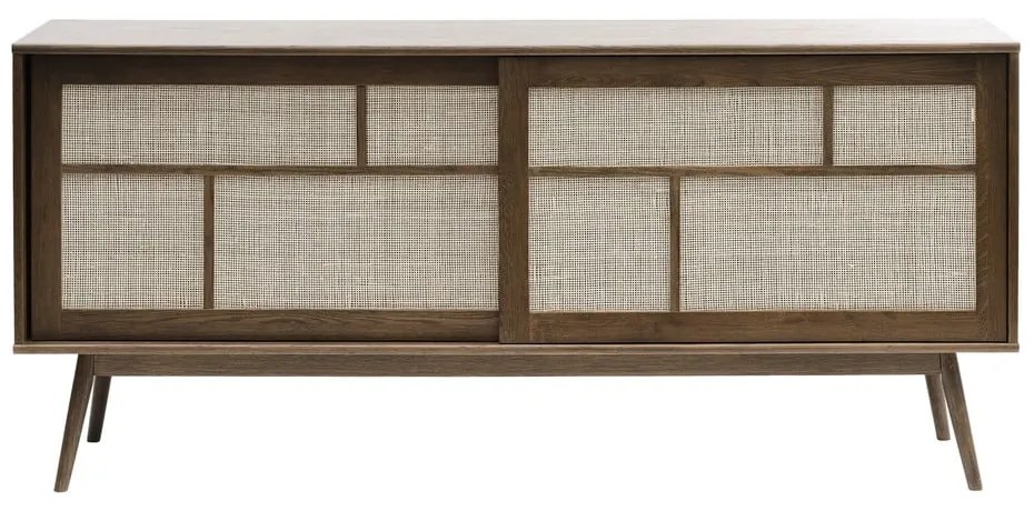 Comodă maro închis joasă cu aspect de lemn de stejar cu ușă glisantă 180x80 cm Barrali – Unique Furniture