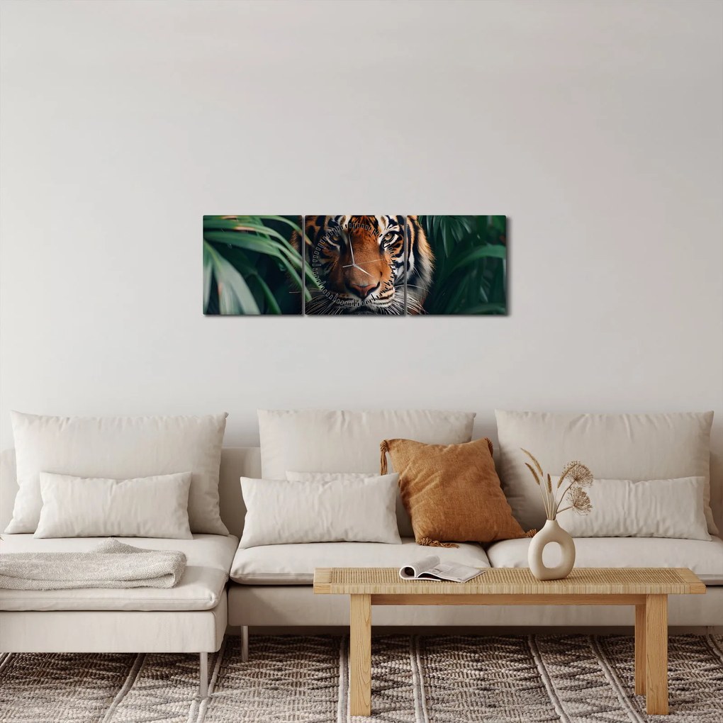 Tablou - Portretul unui tigru în junglă (cu ceas) (90x30 cm)