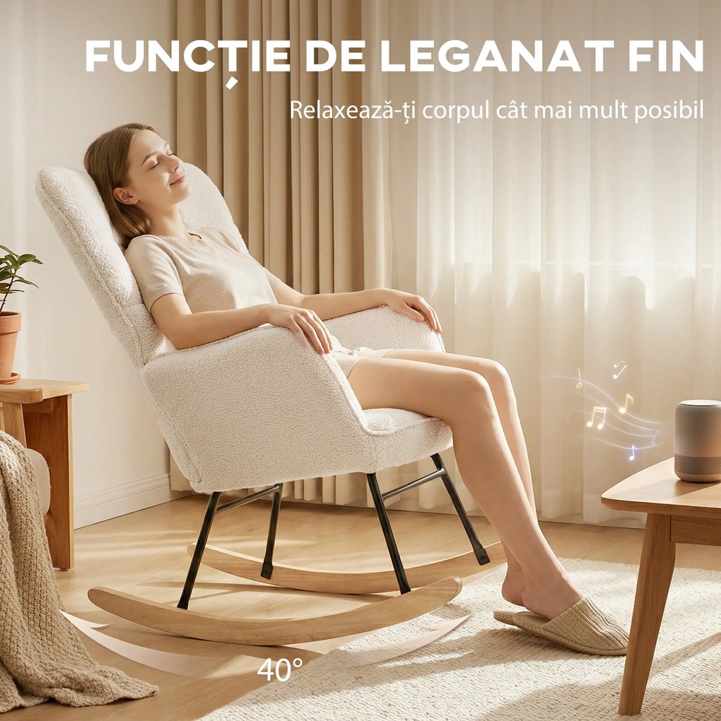 HOMCOM Balansoar Tapițat cu Cotiere, Fotoliu din Lemn și Oțel pentru Living și Dormitor, 71x92x101 cm, Bej