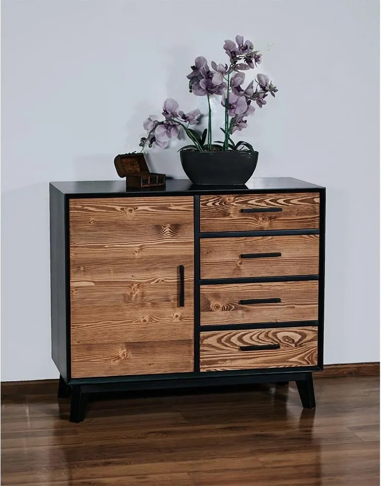 Comodă lemn masiv Timeless 4 Sertare 1 Ușă Negru, 98 × 45 × 85 cm