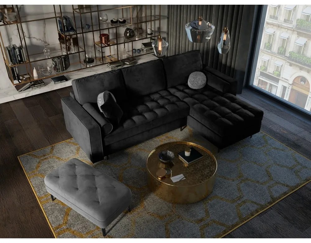 Colțar extensibil din catifea cu șezlong dreapta Milo Casa Santo, negru