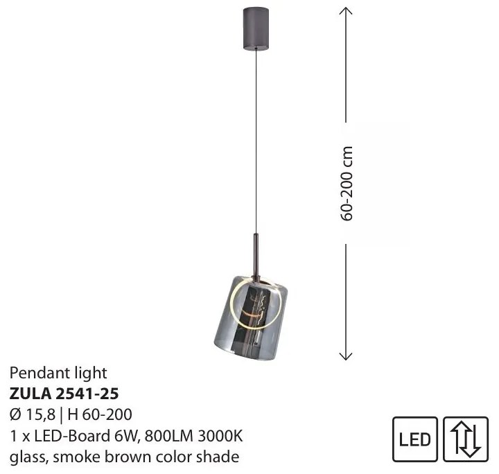 Pendul modern LED 3000K, inaltime reglabila, sticla, maro fumuriu, Zula