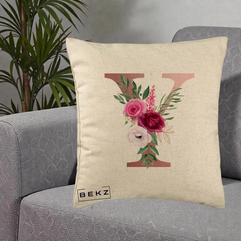 Cadou Personalizat - Perna Personalizata Monograma Rose Gold Litera Y, 40x40 cm, Bej, Husa Detasabila, Perna Inclusa, BEKZ®