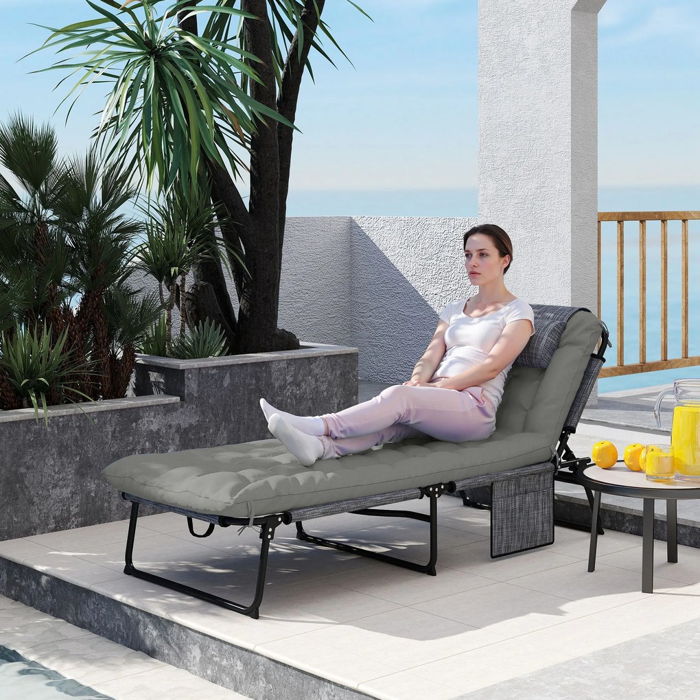 Outsunny Sezlong pliabil cu spatar inclinabil pe 4 nivele, Scaun de plaja pentru exterior cu perna, buzunar lateral,tetiera, Gri
