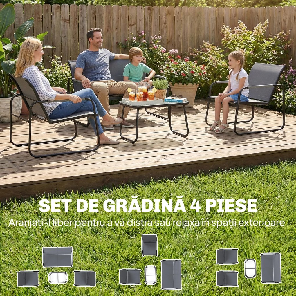 Outsunny Set de Grădină 4 Piese, Canapea cu 2 Locuri, 2 Fotolii, Măsuță din Sticlă Temperată, Gri | Aosom Romania