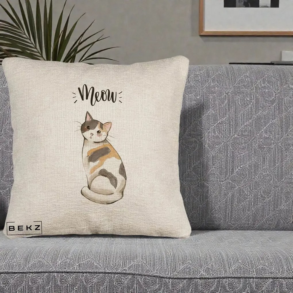 Perna Personalizata Pisica Meow Acuarela, 40x40 cm, Bej Canapea, Husa Detasabila, Perna Inclusa, BEKZ®