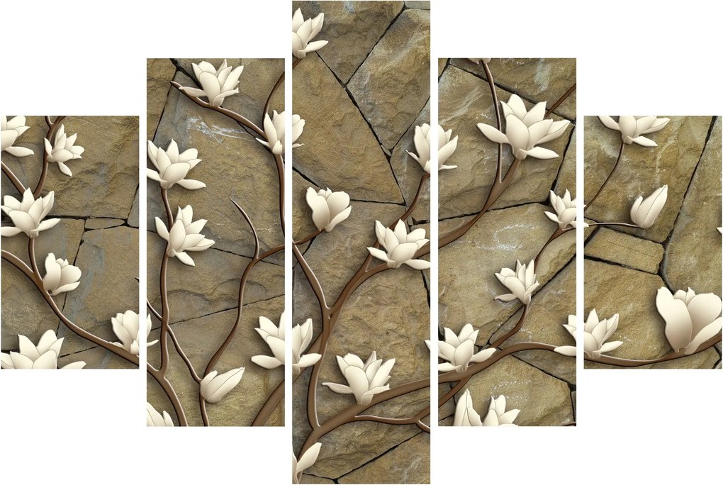 Tablou - Magnolii albe pe zidărie de piatră (150x105 cm)