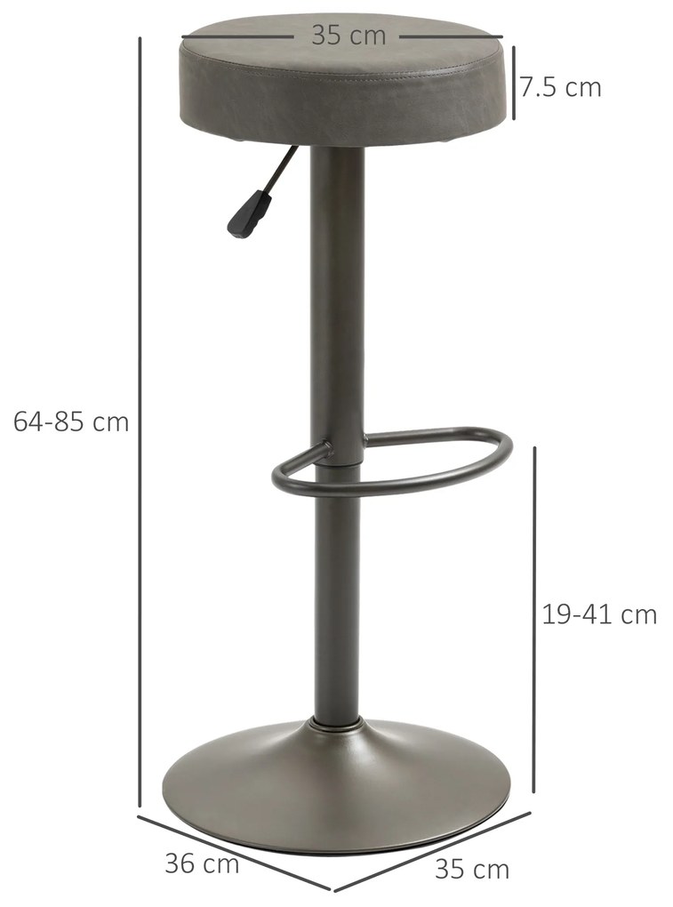 HOMCOM Scaune de Bar, 2 piese, Pivotante Reglabile, Suportă până la 120 kg, Design Modern, Culoare Gri, 35x36x64-85 cm | Aosom România