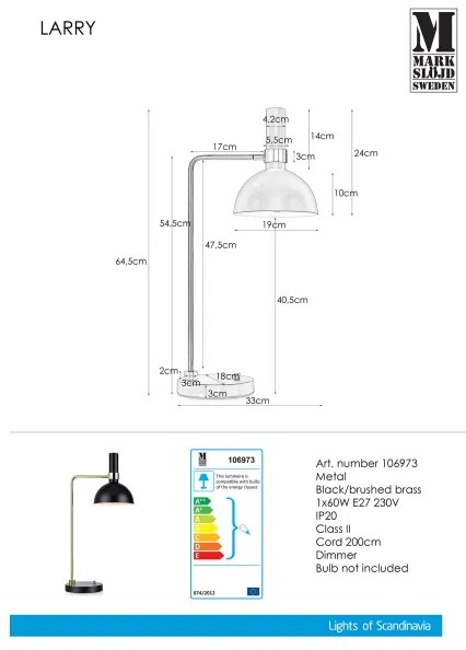Markslöjd 106973 - Lampă de masă dimmabilă LARRY 1xE27/60W/230V negru/auriu