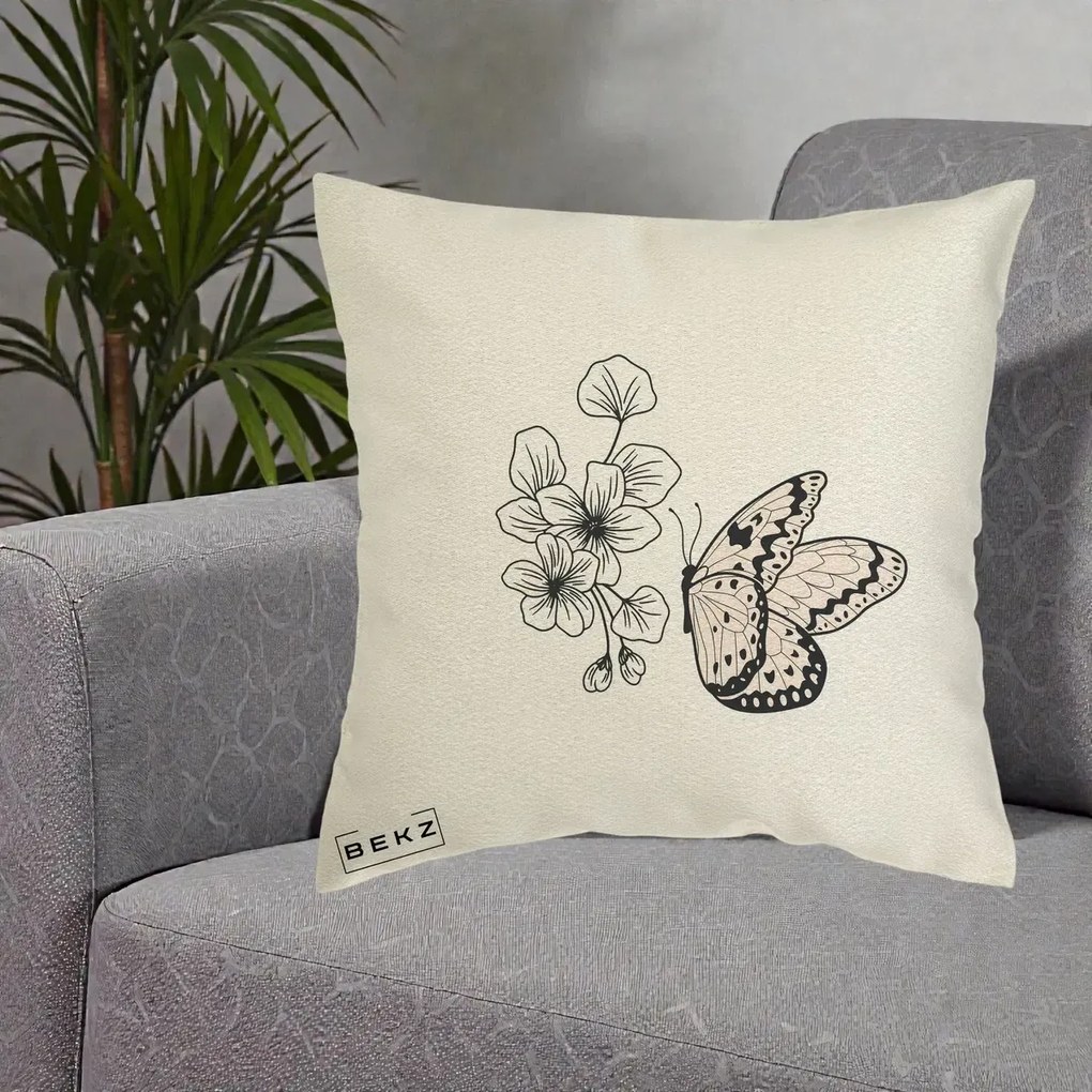 Perna Decorativa Fluture si Flori Linie Monocroma, 40x40 cm, Ecru, Husa Detasabila, Perna Inclusa, BEKZ®
