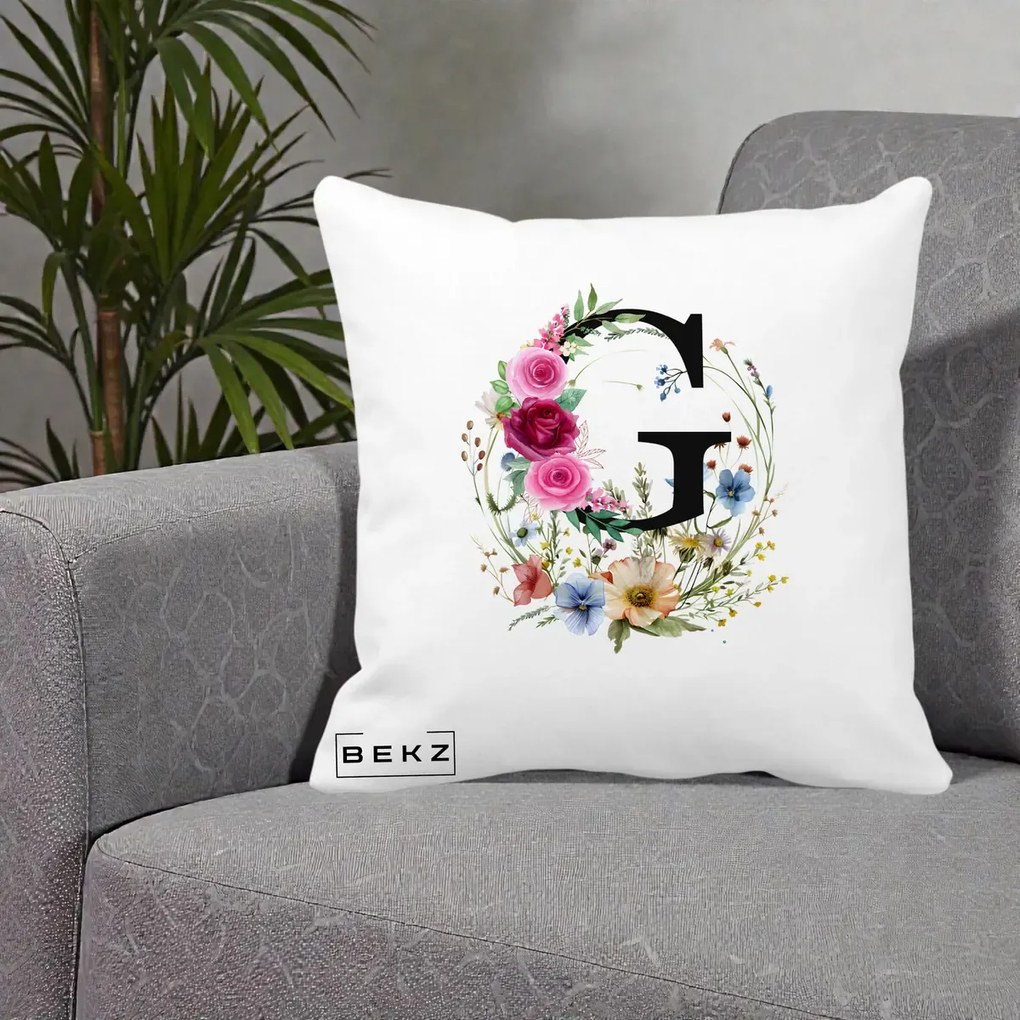 Cadou Personalizat - Perna Personalizata Monogram Litera G cu Flori Acuarela, 40x40 cm, Alba Mata, Husa Detasabila, Perna Inclusa, BEKZ®