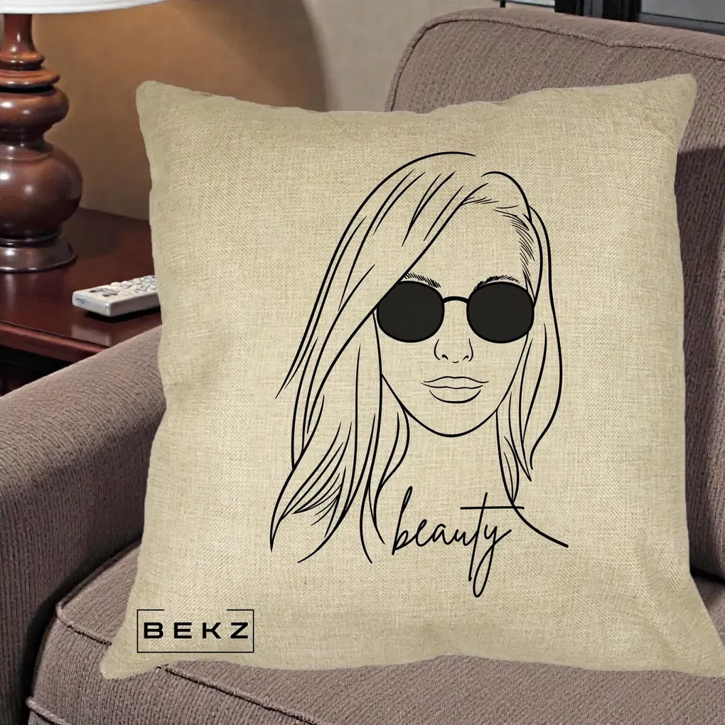 Perna Decorativa Beauty Girl Line Art, 40x40 cm, Crem, Husa Detasabila, Perna Inclusa, BEKZ®