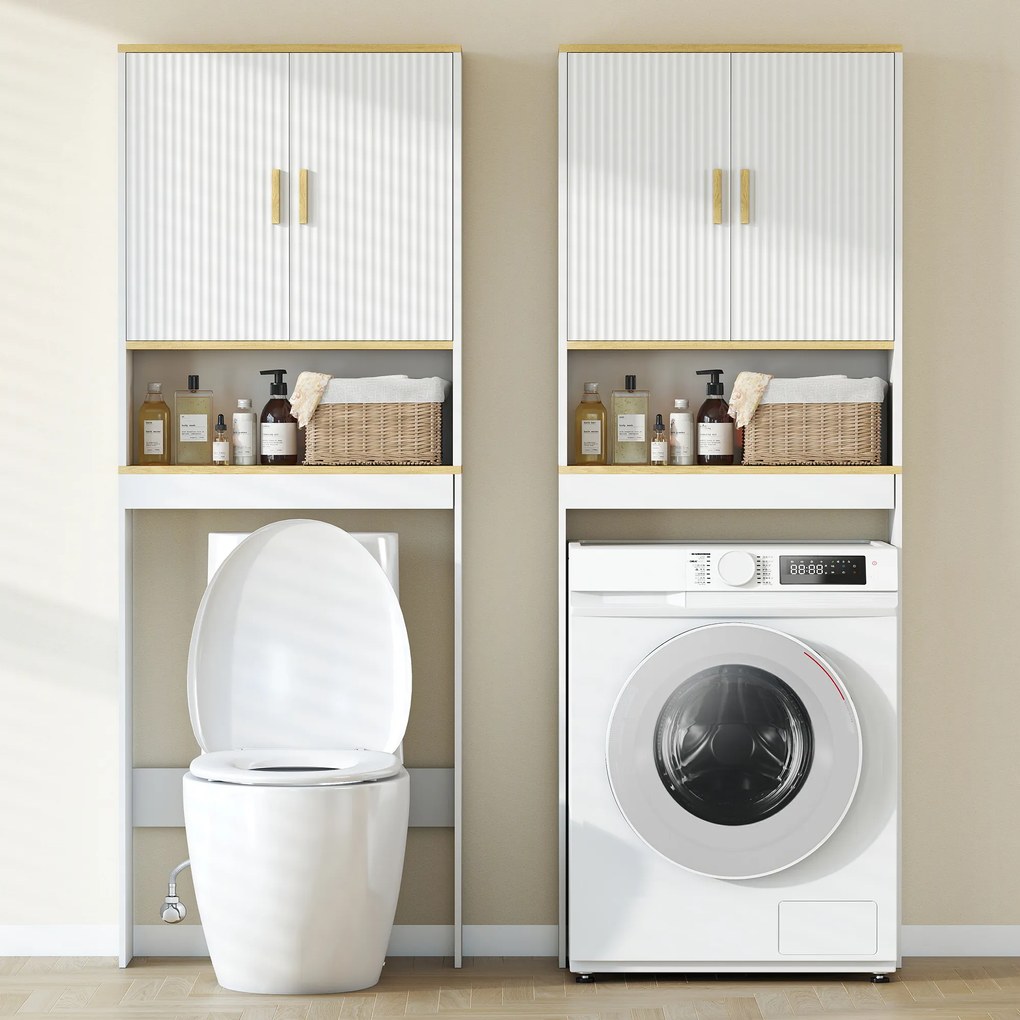 HOMCOM Etajeră pentru Baie deasupra WC-ului de 3 Niveluri cu Raft Deschis 2 Uși și Raft Reglabil 64x20x170,5 cm Alb | Aosom Romania