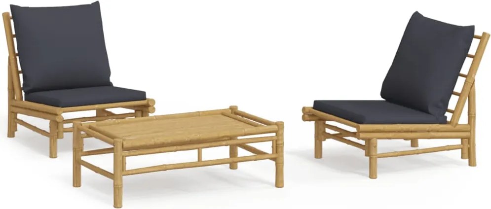 vidaXL Set mobilier de grădină, perne gri închis, 3 piese, bambus