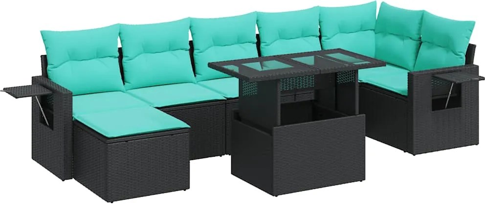 vidaXL Set mobilier grădină perne 8 piese negru, poliratan/lemn acacia