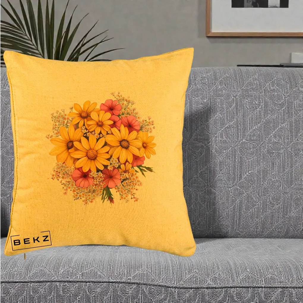 Perna Decorativa Floarea-Soarelui cu Cosmos Roz si Gypsophila, 40x40 cm, Galben, Husa Detasabila, Perna Inclusa, BEKZ®